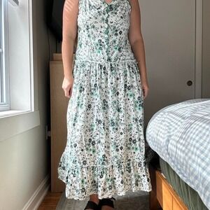 Anthropologie White & Green Floral Ruffle Drop Waist‎ Midi Dress Size M